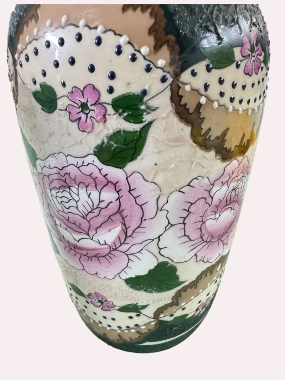 Textured Chinese Floral Vase 9” Tall – Hand-Painted Peony & Crackle Glaze Accent
